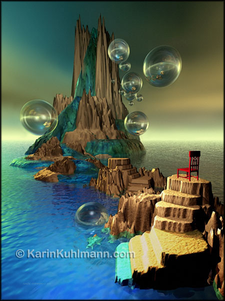 3D-Bild "Wasserkaskade", surrealistische, digitale 3D-Kunst von Karin Kuhlmann.
