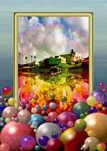 surrealistische Landschaft mit Regenbogen und bunten Kugeln. Digitale Kunst von Karin Kuhlmann.