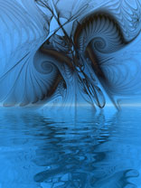 surrealistisches Bild "Reflektive Wasser Landschaft in blau", Digitale Kunst von Karin Kuhlmann.