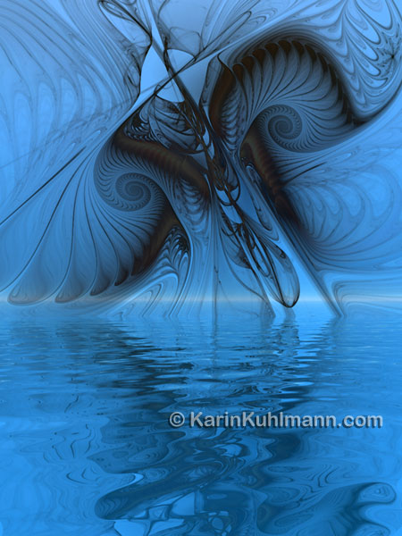 surrealistische Illustration "Reflektive Wasser Lanschaft in Blau", Digitale Kunst mit Mixed Media von Karin Kuhlmann.