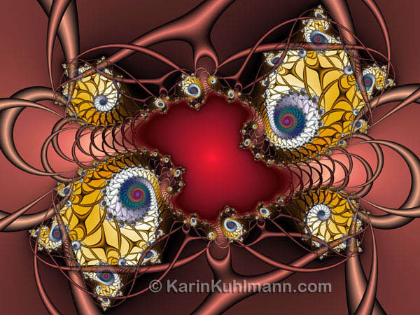 Fraktal Bild "Art Deco", rot goldenes Fraktal mit Spiralen. Digitale Kunst von Karin Kuhlmann.