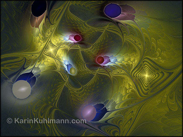 Fraktal Bild "Fliegender Teppich", blau goldenes Fraktal mit Spiralen. Digitale Kunst von Karin Kuhlmann.