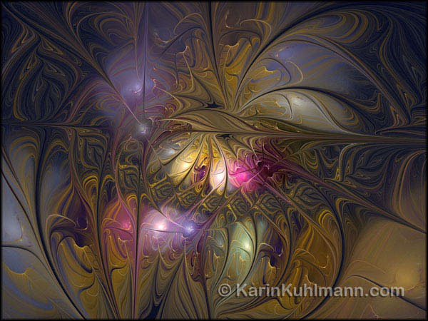 Fraktal Bild "Goldene Ornamentequot;, violett goldenes Fraktal. Digitale Kunst von Karin Kuhlmann.