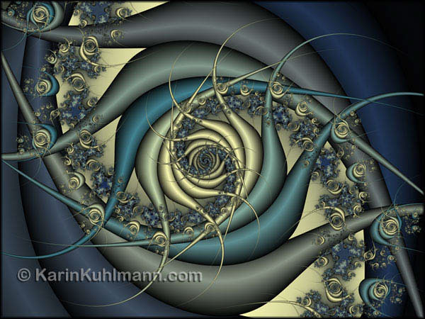 Fraktal Bild "Melancholie", blau goldenes Fraktal mit Spiralen. Digitale Kunst von Karin Kuhlmann.