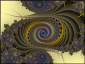 Fraktal Bild "Peacock", gold violettes Fraktal mit Spiralen. Digitale Kunst von Karin Kuhlmann.