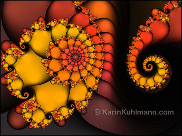 Dekoratives Fraktal Design "Begegnung", abstrakte Fraktal Kunst mit Spiralen. Digitale Kunst, gestaltet mit dem Computer von Karin Kuhlmann.