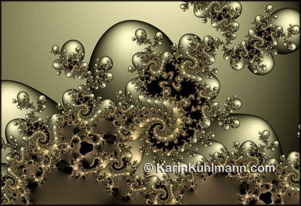 Goldenes Fraktal Design "Oktopus", abstrakte Fraktal Kunst mit goldenen Spiralen. Digitale Kunst, gestaltet mit dem Computer von Karin Kuhlmann.