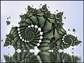 Gruenes Fraktalbild "Big Thing", geometrisch abstraktes Fraktal mit Spiralen. Digitale Kunst.