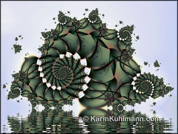 Gruenes Fraktal Design "Big Thing", geometrisch abstraktes Fraktalbild mit Spiralen. Digitale Kunst, gestaltet mit dem Computer von Karin Kuhlmann.