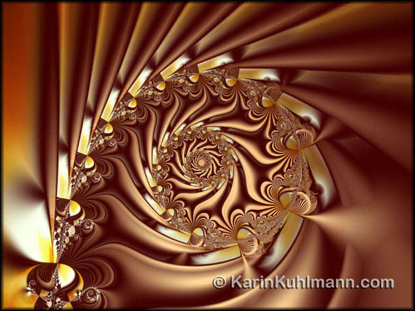 Fraktal Design "Kupfer Spirale", geometrisch abstraktes Fraktalbild mit zentrierter Spirale. Digitale Kunst, gestaltet mit dem Computer von Karin Kuhlmann.