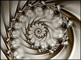 Weisses Fraktalbild "Porzellan Spirale", geometrisch abstraktes Fraktal mit Spirale. Digitale Kunst.