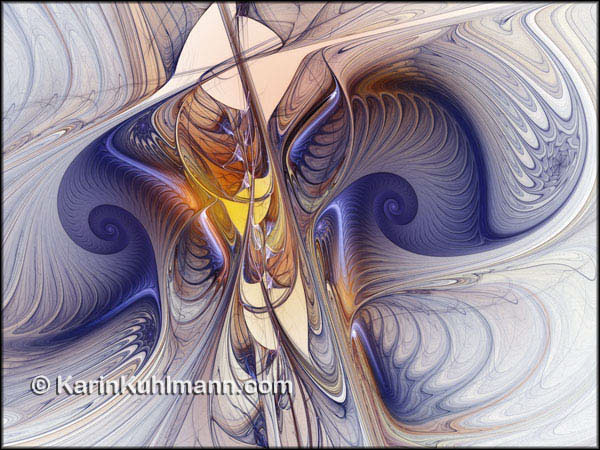 Abstrakte Illustration "Delikates Spiralen Duo in Blau", abstraktes Fraktal Bild mit blauen Spiralen. Digitale Kunst, gestaltet mit dem Computer von Karin Kuhlmann.