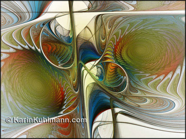 Abstrakte Illustration "Reflektierte Spiralen", abstraktes Fraktal Bild mit bunten Spiralen. Digitale Kunst, gestaltet mit dem Computer von Karin Kuhlmann.