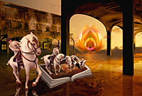 Beispiel digitale 3D-Kunst. d-Bild, erstellt mit Corel Dream 3d, in Form einer Collage ergnzt mit Computer Malerei.